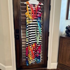 Black and white striped with vibrant floral print maxi dress